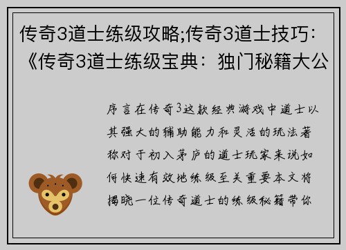 传奇3道士练级攻略;传奇3道士技巧：《传奇3道士练级宝典：独门秘籍大公开》
