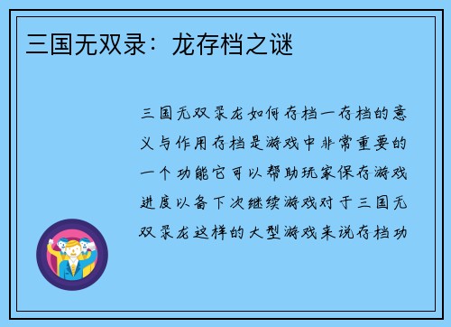 三国无双录：龙存档之谜
