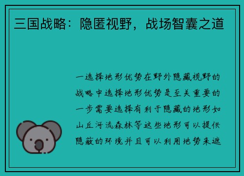 三国战略：隐匿视野，战场智囊之道